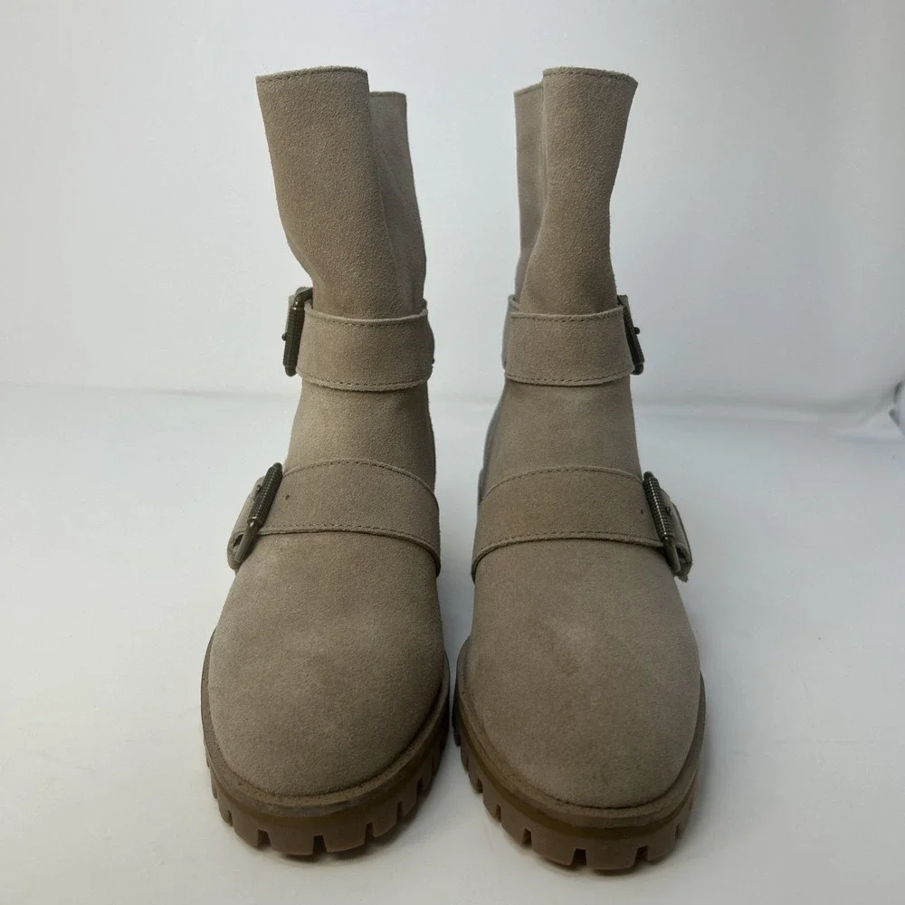 Splendid Karlyn Taupe Suede Ankle Booties Size 5 Double Buckle Moto NIB